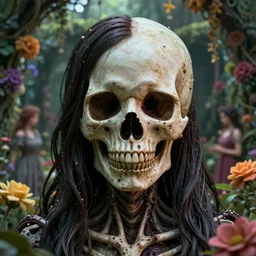 Alice fails to get to the special garden,highly detailed,half skull face,cinematic,8k,by Stanley Artgermm,Tom Bagshaw,Greg Rutkowski,Carne Griffiths, Ayami Kojima, Beksinski, Giger,trending on DeviantArt,hyper detailed,horror, full of colour