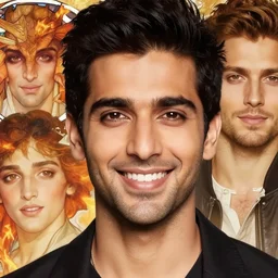 close up portrait, smiling avan jogia as fire elemental, alphonse mucha, rhads, ross tran, artstation, artgerm, octane render, 1 6 k