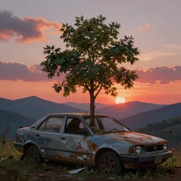 low angle shot of tree growing inside scrap car in the foreground. overgrown. soft golden red sunset over the mountains in the background. clouds. detailed leaves. hyperrealistic, highly detailed, cinematic, beautiful, cgsociety, artstation, oil painting by greg rutkowski, by artgerm, by wlop