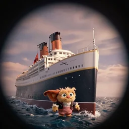 frame from 1997 titanic gremlins, 3d scene, trending on Artstation, 8K, ultra wide angle, pincushion lens effect.