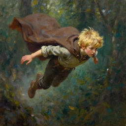 blonde boy wearing a brown cape and flying, powerful, forest background, oil painting, brush strokes, greg rutkowski