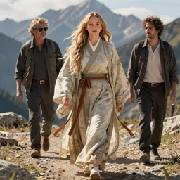 jennifer lawrence with long blonde hair wearing hanfu walking in the mountains on a sunny day, by tom bagshaw and ilya kuvshinov, rtx rendering, octane render 1 2 8 k, maya, extreme high intricate details by wlop, digital anime art by ross tran, medium shot, composition by sana takeda, dramatic lighting by greg rutkowski