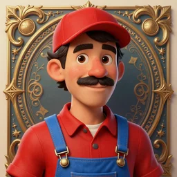highly detailed vfx caricature of a man with a mustache wearing a red shirt, blue overalls, and a red cap, artstation, art by antonio j. manzanedo, digital illustration, ornate details,