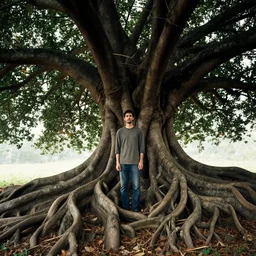 A man standing under a huge tree with intertwined roots by Marc Simonetti
