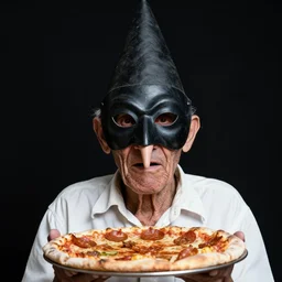 portrait photo of an old wrinkled man, skinny face, bony face, long nose, crooked nose, large full mouth, black pulcinella masquerade mask, pointy conical hat, white wrinkled shirt, presenting pizza, black background, close - up, skin blemishes, menacing, intimidating, masterpiece by steve mccurry