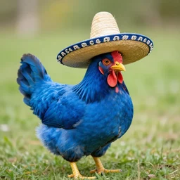 blue chicken wearing a sombrero