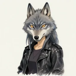 portrait of a punk girl in a leather jacket wearing a wolf's head over her face, anime sketch, cool girl with wolf on her head, studio ghibli, miyazaki