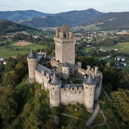 a birds-eye camera angle of a medieval castle in the middle of a mountain plateau