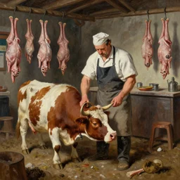 an anthropomorphic cow is the butcher, the cow is slaughtering the humans, human corpses are hanging from hooks, butcher shop, painting