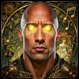 portrait of dwayne johnson glowing eyes, volumetric lights, feast, music notes, art nouveau botanicals, gothic, intricate, highly detailed, digital painting, artstation, concept art, smooth, sharp focus, symmetric face, illustration, steampunk, art by artgerm and greg rutkowski and alphonse mucha