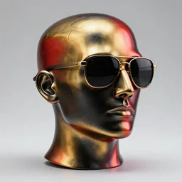 a head made out of melting metal, it is of black and golden and red color, it is wearing sunglasses and a hat, there are flowers all around it, blue paint melting, vogue cover style, greg rutkowski style, wlop style, basquiat style