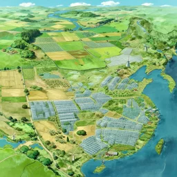 a beautiful illustration of a prosperous continent with various kinds of landscape distributed all over it, including farmland, orchard, rangeland, greenhouse, cornfield, windmill, forest, lake and river by miyazaki hayao, aerial view
