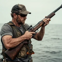 lobster holding rifle, gritty