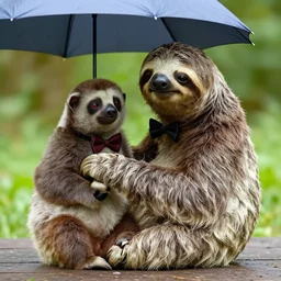 a sloth sitting next to a slow - loris with his arm around her, sloth wearing a bow tie, loris holding an umbrella