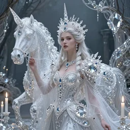 epic ultra detailed realistic portrait of beautiful queen made of diamonds candles and translucent fabric. in the unicorn's garden. surrealistic magic, concept art, sharp foccus. intricate, elegant. by basil gogos. art by wlop and artgerm and greg rutkowski and andrei riabovitchev