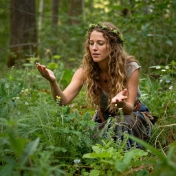 beautiful naturalist woman, oregon country fair, living her full truth, enchanting, playing in a forest full of herbs and plants