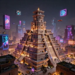 ancient aztec city in cyberpunk style with neon billboards and flying cars, light shapes, high details