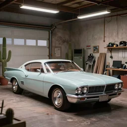 a cinematic matte painting of a sleek 1 9 6 0 s vaporwave retro - futurism sci - fi car in a cluttered garage in the american southwest. cactus. by eric lafforgue, glennray tutor and edward hopper, greg rutkowski. trending on artstation.