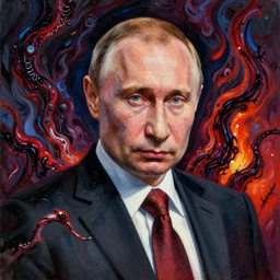 amazing detailed intricate horror painting of a vladimir putin. disturbing, twisted, dark, evil. vibrant colors.