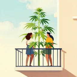 couple happy on balcony. huge marijuana plant on balcony. sunny day. centered median photoshop filter cutout vector behance artgem hd jesper ejsing!