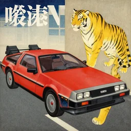 a red delorean and a yellow tiger, painting by hsiao - ron cheng & utagawa kunisada, magazine collage style,