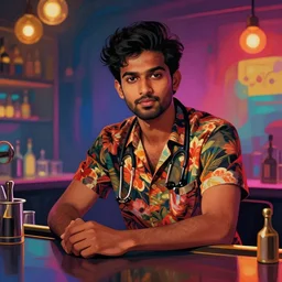 portrait lonely handsome young indian doctor in a floral shirt at a bar, epic scene, by victo ngai, kilian eng vibrant colours, dynamic lighting, digital art, winning award masterpiece, fantastically beautiful, illustration, aesthetically inspired by beksinski and dan mumford, trending on artstation, art by greg rutkowski, 8 k
