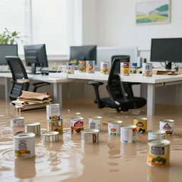 photograph of an office flooded with cans of soup