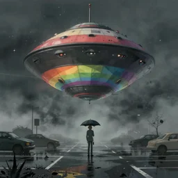 a realistic and atmospheric cell - shaded concept art from howl's moving castle ( 2 0 0 4 ) of a rainbow colored ufo in the air. a man with an umbrella is standing in a flooded parking lot. it is a misty starry night. very dull muted colors, hd, 4 k, hq