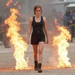 Emma Watson on walking through fire, Action movie pyrotechnics shot, 8k UHD, studio photography, high quality, high detail, stunning lighting