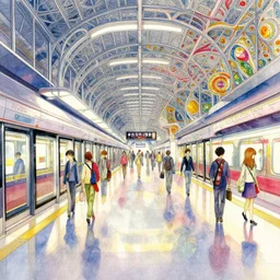 a beautiful insanely intricate watercolor illustration of modern metro station, reflexions, colorfull, by william turner art, by greg rutkowski, by james jean, by rossdraws, by frank franzzeta, by sakimichan, by edmund dulac, trending on artstation, insanely detailed, masterpiece,