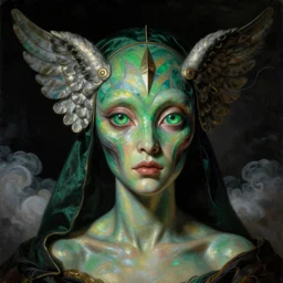a baroque neoclassicist close - up portrait of a futuristic emerald alien witch with big glowing eyes wearing an angelic tribal mask and war paint. iridescent and reflective skin and silk. head, face and shoulders, foggy black background. puffy clouds. renaissance portrait painting. sci - fi retrofuture. highly detailed science fiction painting by norman rockwell, frank frazetta, syd mead and moebius. rich colors, high contrast, gloomy atmosphere, dark background. trending on artstation.