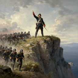 napoleon standing on top of a cliff with an army marching next to him.