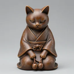 elegant seductive anthropomorphic cat figurine wearing a kimono, hand carved brown resin, submissive, toggles, very highly detailed, intricate, monotone, shy looking down