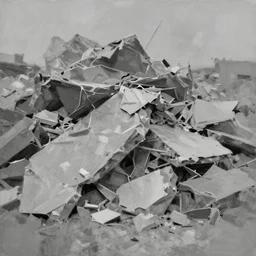 cool monochrome painterly warped wadded knotted heap, dull grey expressionism, masterful rendering of construction rubble