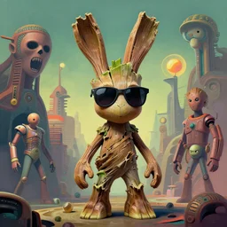 groot!! rabbit!! sunglasses by artstation, deviantart, artfol, artbox, cgsociety, gfxartist, artful, zatista, artpal, instagram, blendernation, frank stella, beeple, giger, kopera, zawadzki, abstract, surrealism, hyperrealism, futurism 4 k, octane