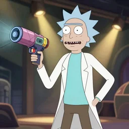 rick sanchez posing with his portal gun, octane render in the style of rick & morty