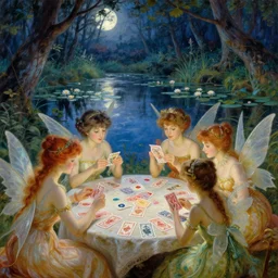 a group of gracious fairies!! playing cards!! on a table in an atmospheric moonlit forest next to a beautiful pond!! filled with water lilies!!, artwork by ida rentoul outhwaite