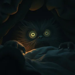 under the bed is a monster, furry, big eyes, dark, dramatic lighting, pixar bedroom scene, cinematic, highly detailed, artgerm, frazetta, ruan jia, android jones, ross tran