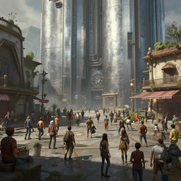 a rowdy crowded pueblo cyberpunk small town square, smooth metallic walls, exterior shot, medium shot, atmospheric fantasy matte painting by eytan zana and ruan jia and boris vallejo, trending on artstation