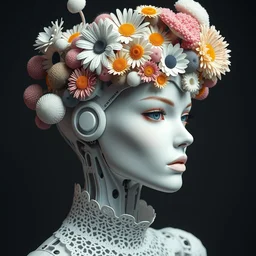 beautiful stunning biomechanical woman portrait with a smooth porcelain ivory profile face, futuristic haute couture, iris van herpin, headdress made of daisies, sponge corals, mushrooms, colorful puffballs, rhizomorphs, brackets, white mecha, laser cut paper lace collar, octane highly render, 8 k, epic lighting