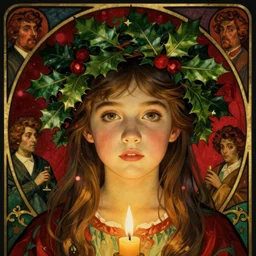 realistic art nouveau style detailed portrait of 1 4 - year - old millie bobby brown wearing a holly wreath as a crown at christmas, lit only by candlelight at night by alphonse mucha, william adolphe bouguereau, and donato giancola art nouveau style, dark red and green colors