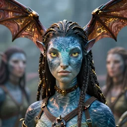a stunning ultra detailed fantasy fine art portrait photo of a na'vi goddess from avatar movie wearing bat wings on the head, by tom bagshaw, rob gonsalves and anna dittman, arms made of dragon skin, golden ratio composition, deep depth of field, perfect eyes and face, cyberpunk, soft lighting, artstation, 8 k
