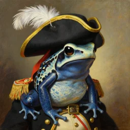 a portrait painting of an amazon milk frog wearing a tricorn hat with a feather and a military uniform, artstation, classical realism, detailed painting, oil on canvas