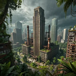 a beautiful very detailed highly detailed city industrial architecture nature urbex asylum by louis sullivan, fantasy tron rainforest fisheye nightvision, archdaily, wallpaper, highly detailed, trending on artstation.