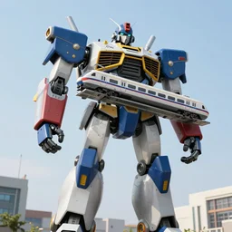 a giant robot holding a train, photorealistic
