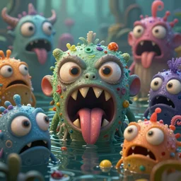 intricate colourful murky with strange cute friendly angry crazy creatures! with huge beauty eyes long tongue triangle teeth and scary face appearing from the water, in the style of craola, shallow depth of field, highly detailed, digital painting, trending artstation, concept art, illustration, cinematic lighting, vibrant colors, photorealism, epic, octane render