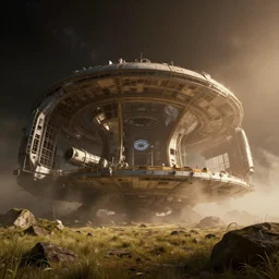 a outside view of abandoned space station in the deep space, cinematic view, epic sky, detailed, concept art, low angle, high detail, warm lighting, volumetric, ominous, misty, beautiful, trending on artstation, by jordan grimmer, huge scene, grass, interior architecture zaha hadid