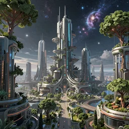 futuristic cityscape, solarpunk, technological, view of the cosmos, trees, uotpia, highly intricate, art by WOLP