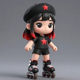 1 5 - year - old french anime girl, black hair with red tips, black beret with red star, black t - shirt with red star, black shorts, rollerblading, rollerskates, grim reaper girl, 2 0 0 1 anime, flcl, jet set radio future, golden hour, japanese town, cel - shaded, strong shadows, vivid hues, y 2 k aesthetic