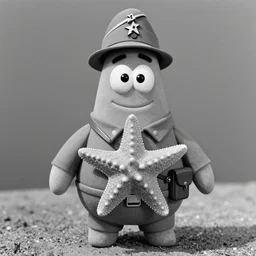 Patrick starfish as a soldier during World War II, ww2, black and white photo